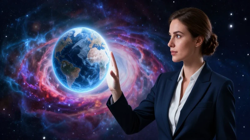 Retrógrado: Definición y Concepto Esencial Explicado 4 Mujer profesional interactúa con un cuerpo cósmico brillante