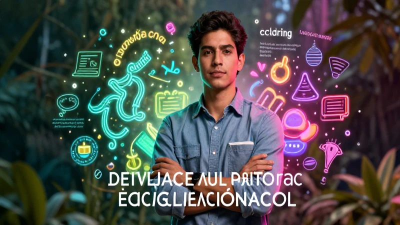 Aprende a dominar los sinónimos y transforma tu escritura 3 Académica joven y confiante rodeada de símbolos brillantes