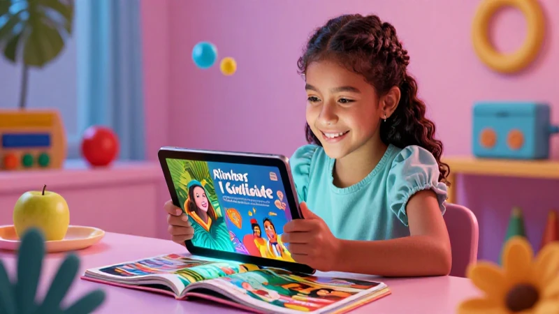 Niña guatemalteca lee una revista digital