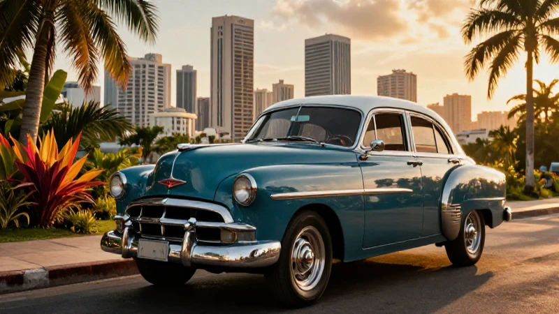 Coche cubano clásico con modernidad en dorado