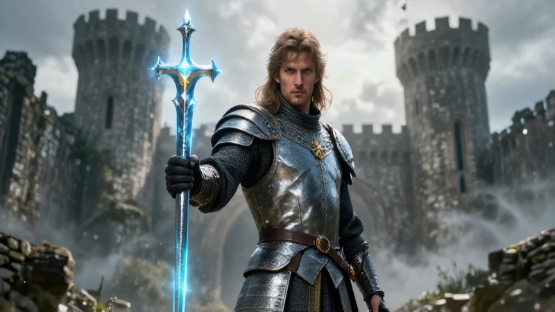 Ilustración cinematográfica de Rey Arturo con Excalibur