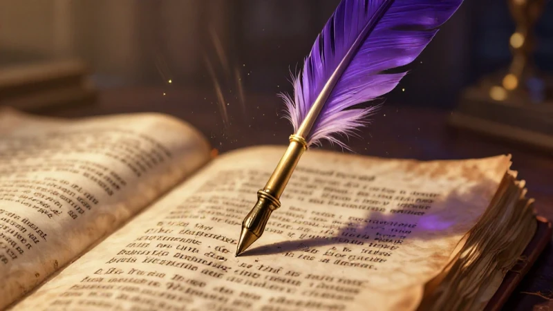 Pluma antigua sobre manuscrito poético con luz dramática