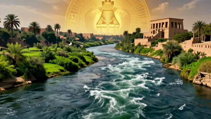 Cuál es la historia y la importancia cultural del Río Nilo 9 Nilo majestuoso con templo y deidad Ra