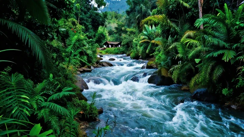 Río caudaloso atraviesa selva tropical con vida comunitaria