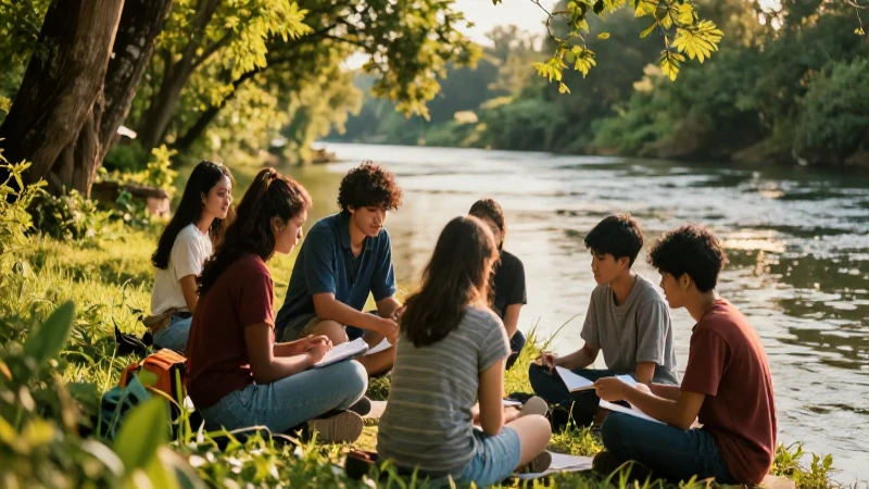 Riveras: Definición, características y concepto explicado 7 Estudiantes colaboran en un entorno natural dorado