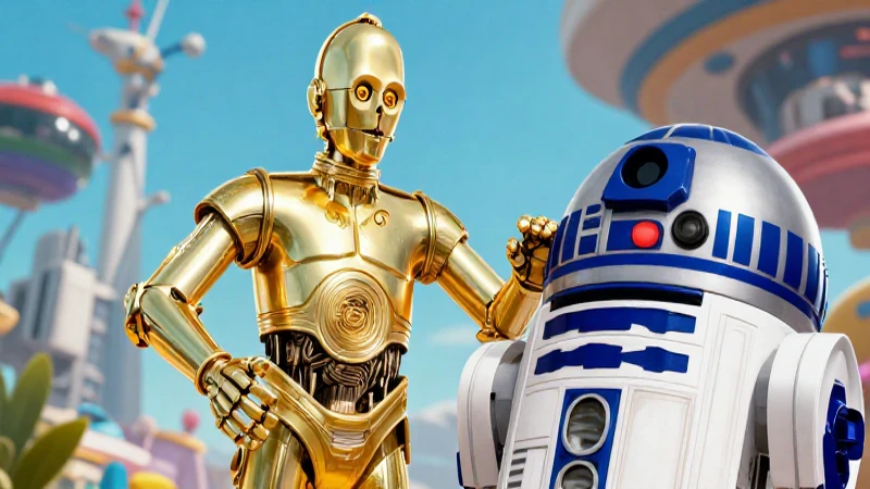 Ilustración vibrante y dinámica de C3PO y R2D2
