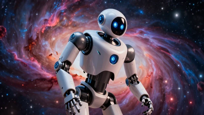 Robot espacial detallado en nebulosa vibrante