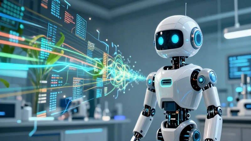 Robots futuristas y laboratorio vibrante