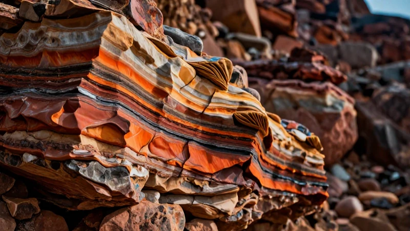 Roca sedimentaria estratificada con iluminación dramática