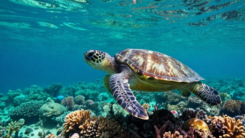 Turtles swim in vibrant, pristine coral reefs