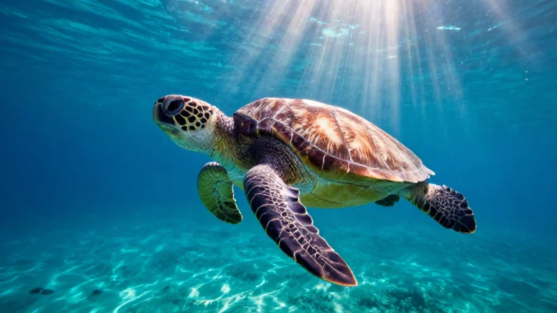 Turtles swim in vibrant, cinematic ocean light