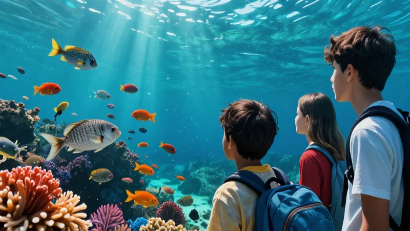 Jóvenes en mar vibrante y vida marina