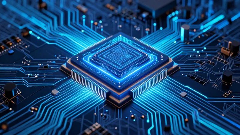 Chip futurista con neón y datos digitales