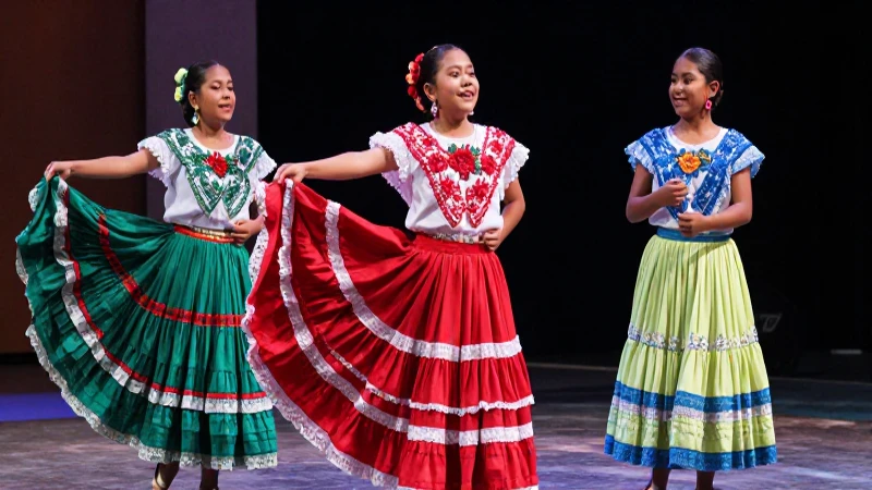 Niños mexicanos bailan con vibrantes trajes coloridos