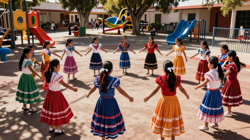 Niños mexicanos jugando en un entorno vibrante y soleado