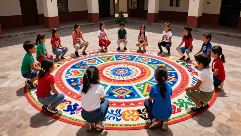 Niños alegres juegan en patio con patrones mexicanos