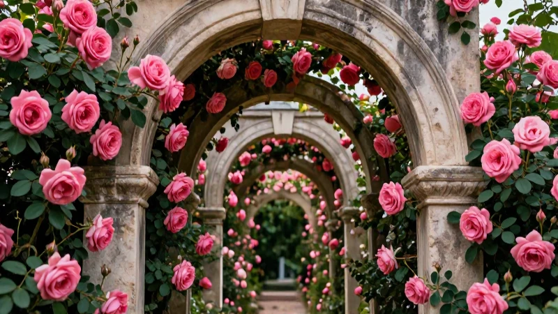 Jardín griego de rosas con luz dramática
