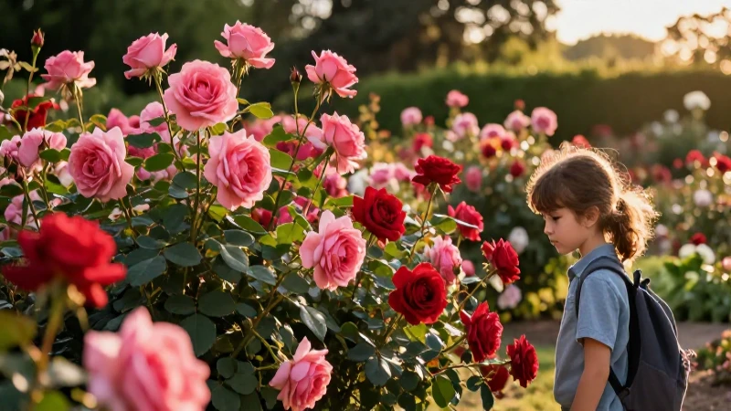 Estudiante explorando jardín de rosas al atardecer