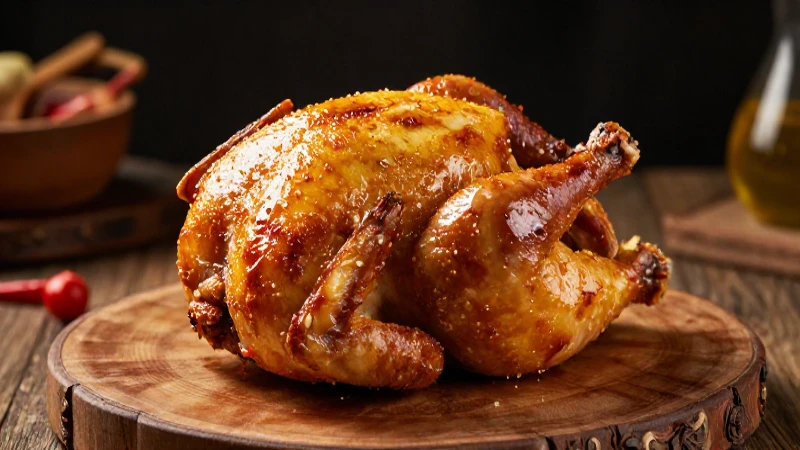 Pollo dorado en primer plano, con iluminación dramática