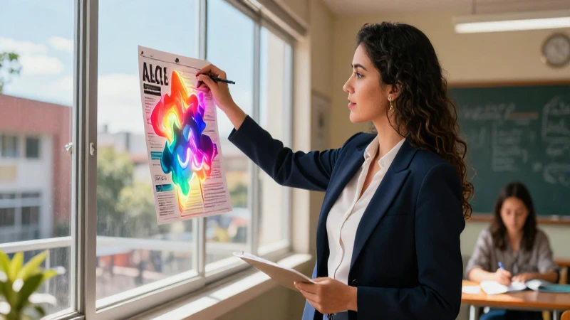 Maestra revisando rúbrica abstracta en aula moderna