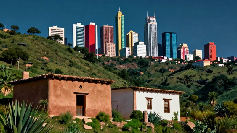 Casa rústica contrasta con la ciudad moderna
