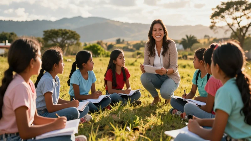Estudiantes aprenden al aire libre en paisaje rural mexicano