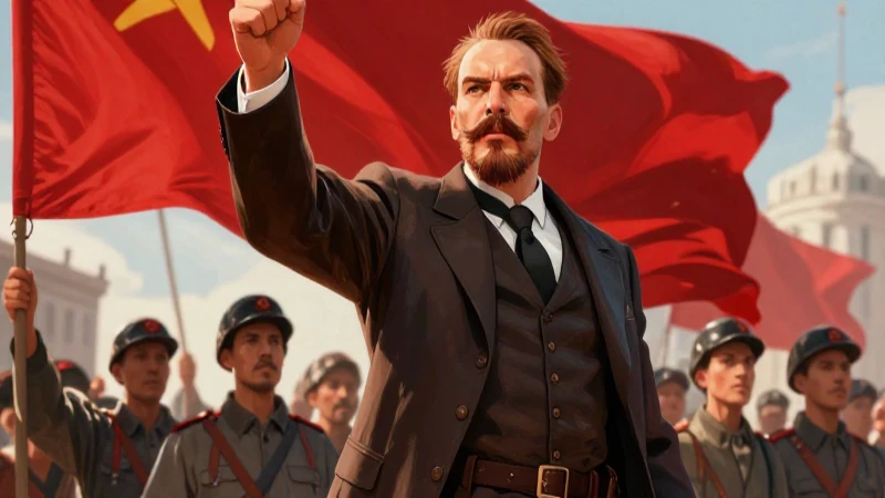 Lenin lidera trabajadores revolucionarios en una vibrante ilustración