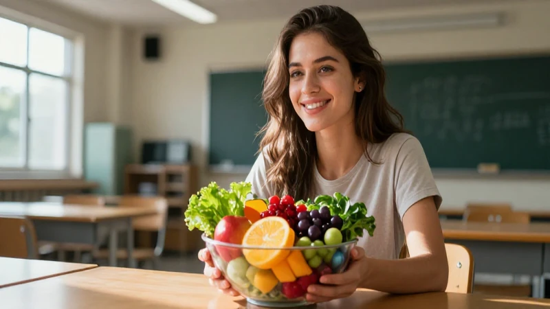 Saciedad: definición, usos y concepto explicados claramente 4 Joven sonriente, frutas coloridas y interior moderno