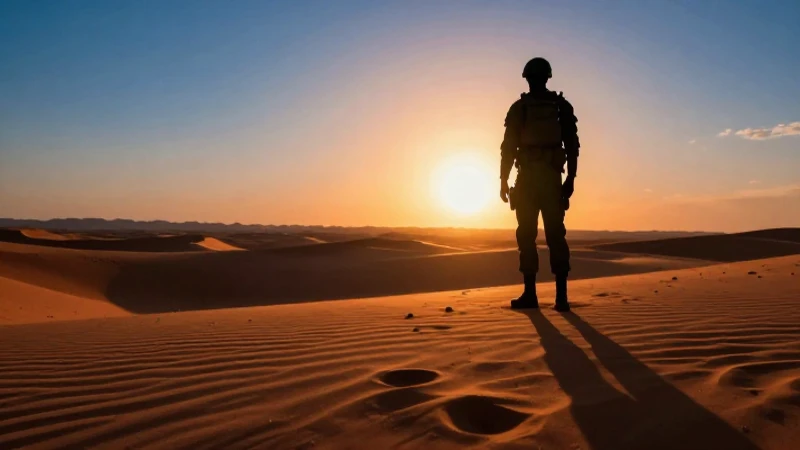 Silueta militar en desierto al atardecer dramático