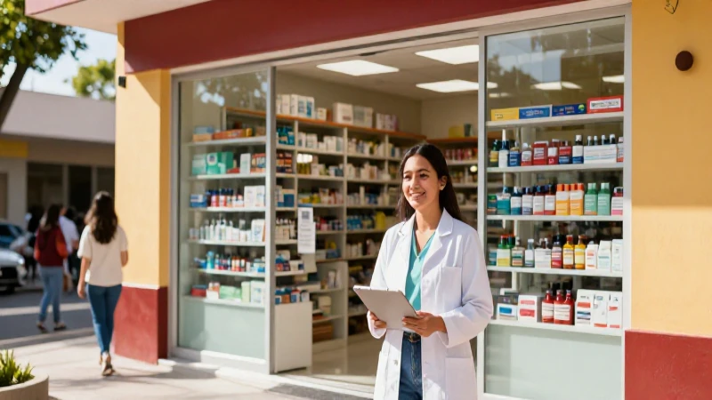 Farmacia mexicana moderna, sol y profesional amigable