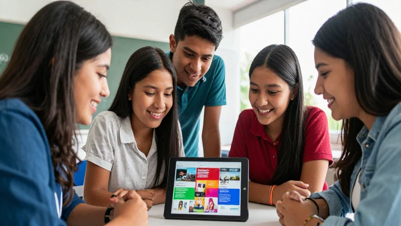 Estudiantes mexicanos felices aprendiendo con tabletas