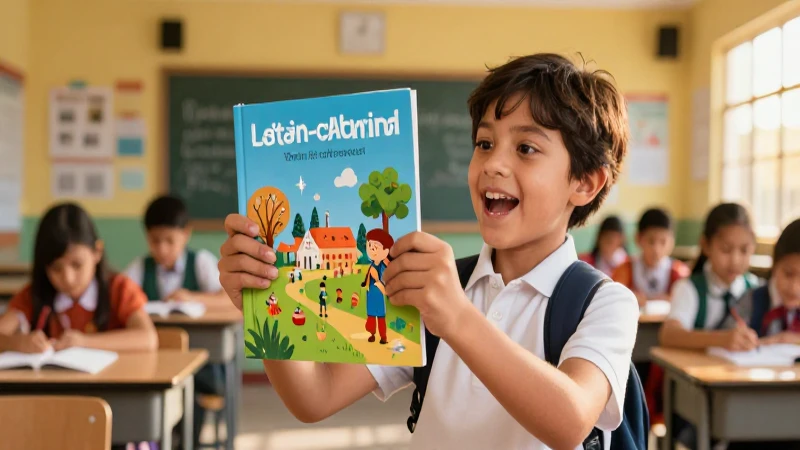 Niño entusiasta lee en aula mexicana iluminada
