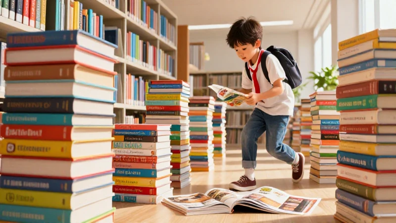 Estudiante explora biblioteca vibrante con libros coloridos