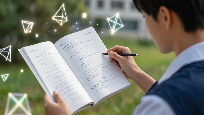 Estudiante motivado con matemáticas y formas brillantes