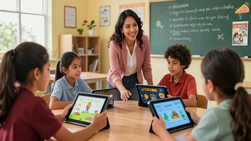 Maestra mexicana enseña en aula moderna con tablets