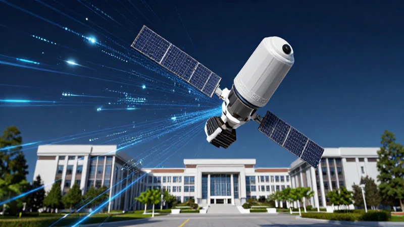 Cuáles son tipos, funciones y características de satélites 7 Satélite moderno sobre campus futurista y datos dinámicos