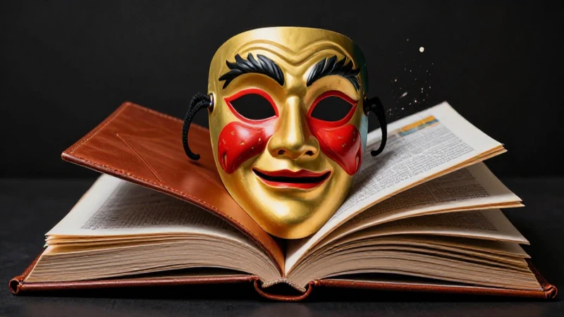 Libro abierto revela máscara satírica vibrante