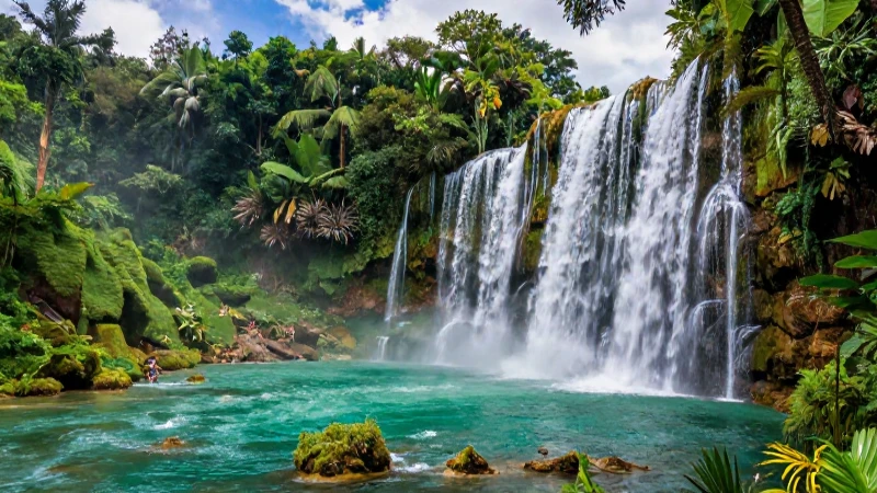 Cascada tropical vibrante con naturaleza hiperrealista