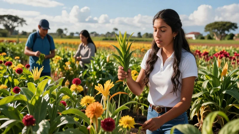 Estudiante examina cultivos vibrantes en el campo