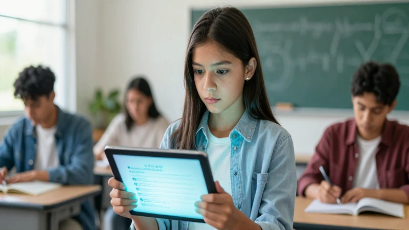 Estudiante mexicano aprende con tableta en moderno aula