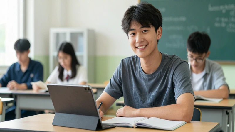 Joven estudiante sonríe en ambiente moderno y vibrante