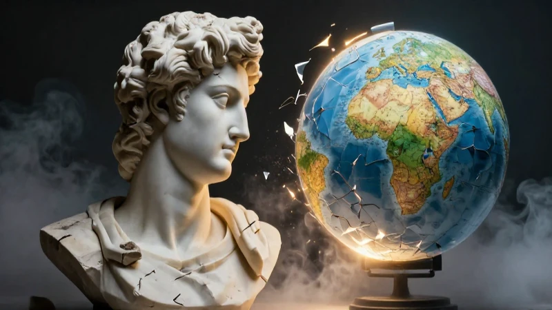 Segunda Guerra Mundial: Causas y Consecuencias Clave 9 Busto de mármol y globo roto en ambiente dramático