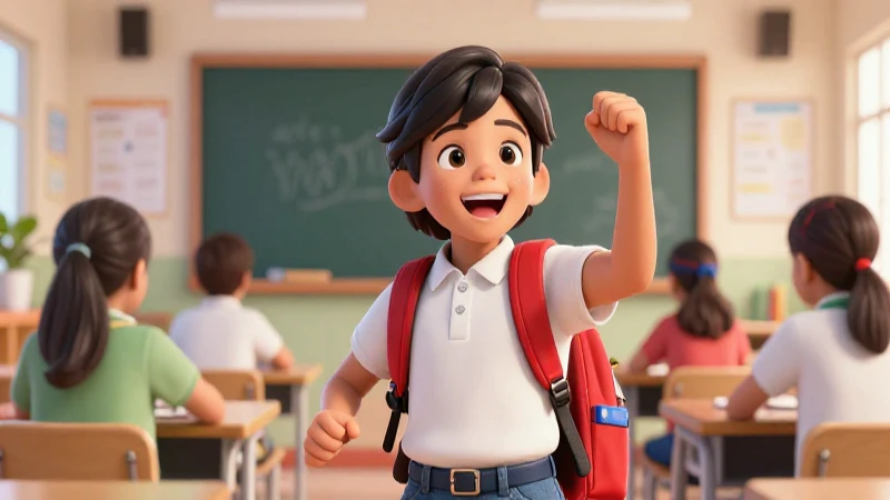 Estudiante mexicano sonriente en ilustración educativa vibrante