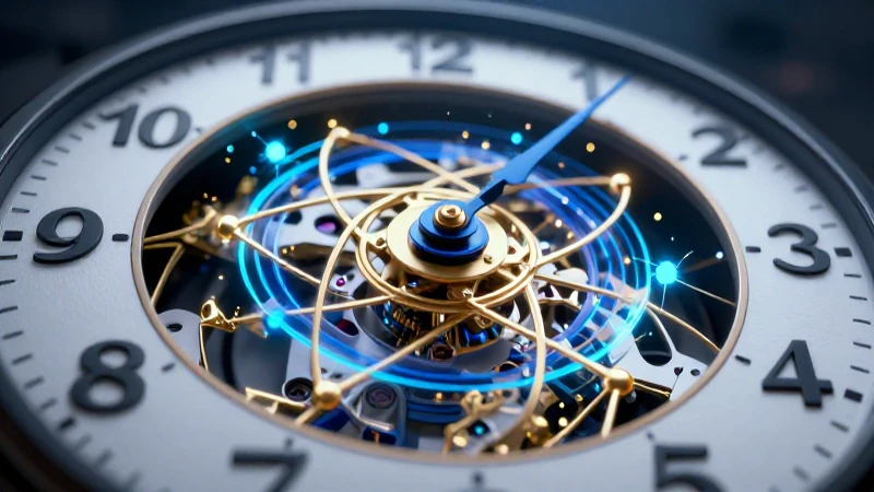 Reloj mecánico fusionado con estructura atómica digital