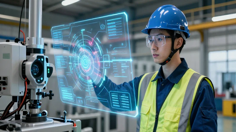 Técnico de seguridad industrial con HUD holográfico futurista