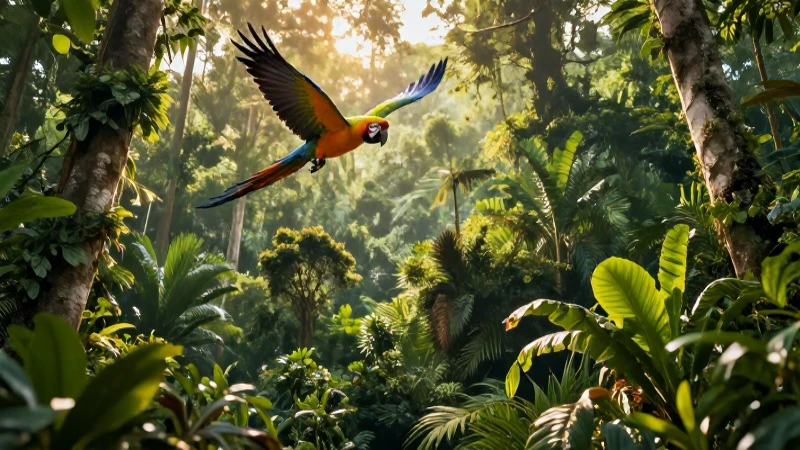 Selva vibrante con guacamaya al atardecer