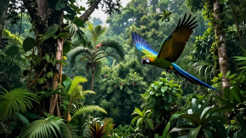 Macaw vibrante en selva tropical exuberante