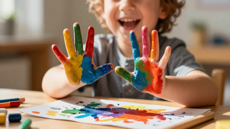 Niño alegre pintando con mucha creatividad