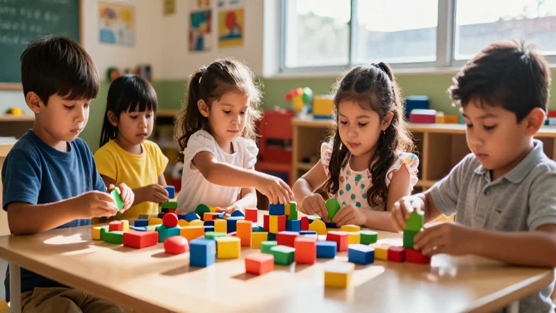 Niños mexicanos jugando con bloques en aula vibrante