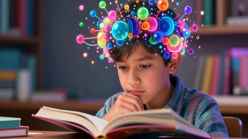 Estudiante pensativo rodeado de ideas luminosas
